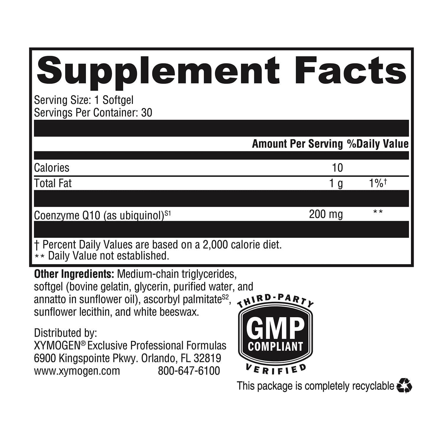 XYMOGEN CoQmax Ubiquinol - 200mg CoQ10 - Patented Stabilized Form - Coenzyme Q10 for Antioxidant Brain & Heart Health Support - 30 Softgels