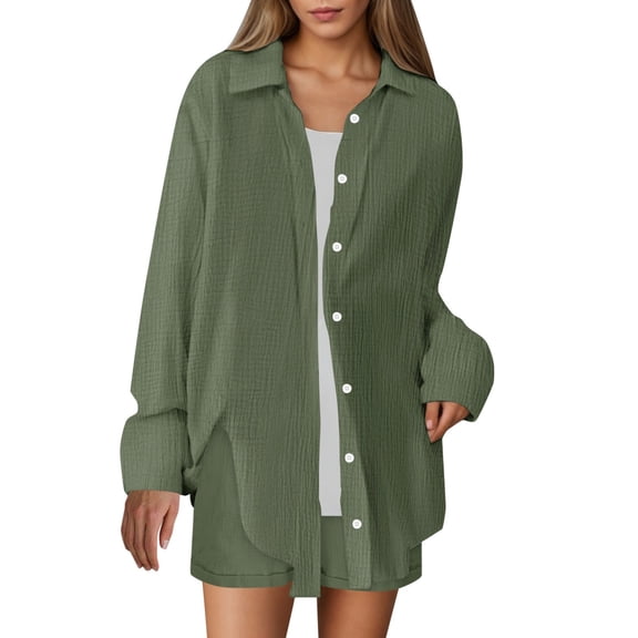 JIAYUE Women 2 Piece Outfits Sets Solid Color Lapel Long Sleeve Casual Linen Blend Poplin Shirt And Shorts Button Ladies Stylish Clothing Set