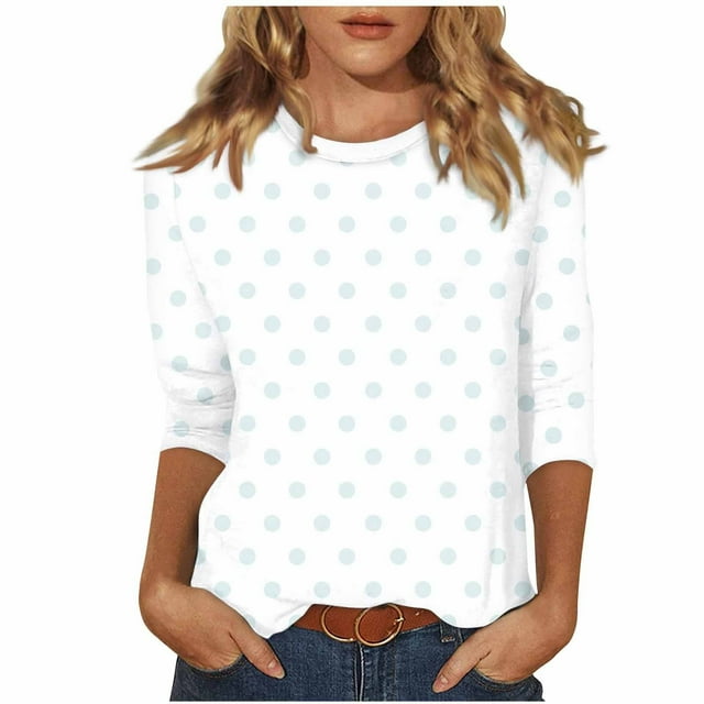 Blouse Décontractée à Pois Col Rond Manches 3/4 pour Femmes Printemps Été Mode Confortable Polyester Tenue Quotidienne Respirante pour Femmes 2025