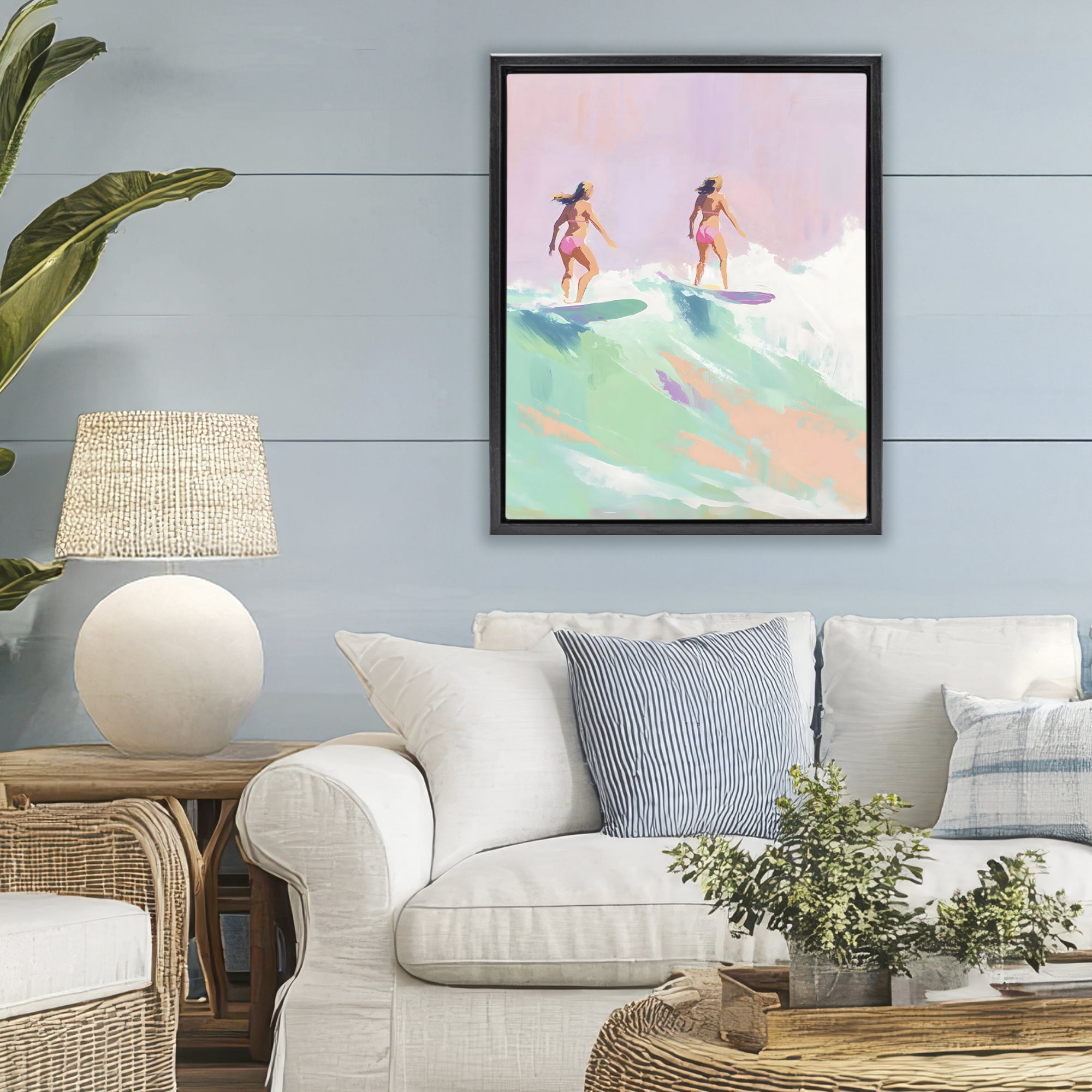 Stupell Industries Two Surfing Girls on Wave Black Framed Floater Canvas Wall Art, design by The Prints Vibe