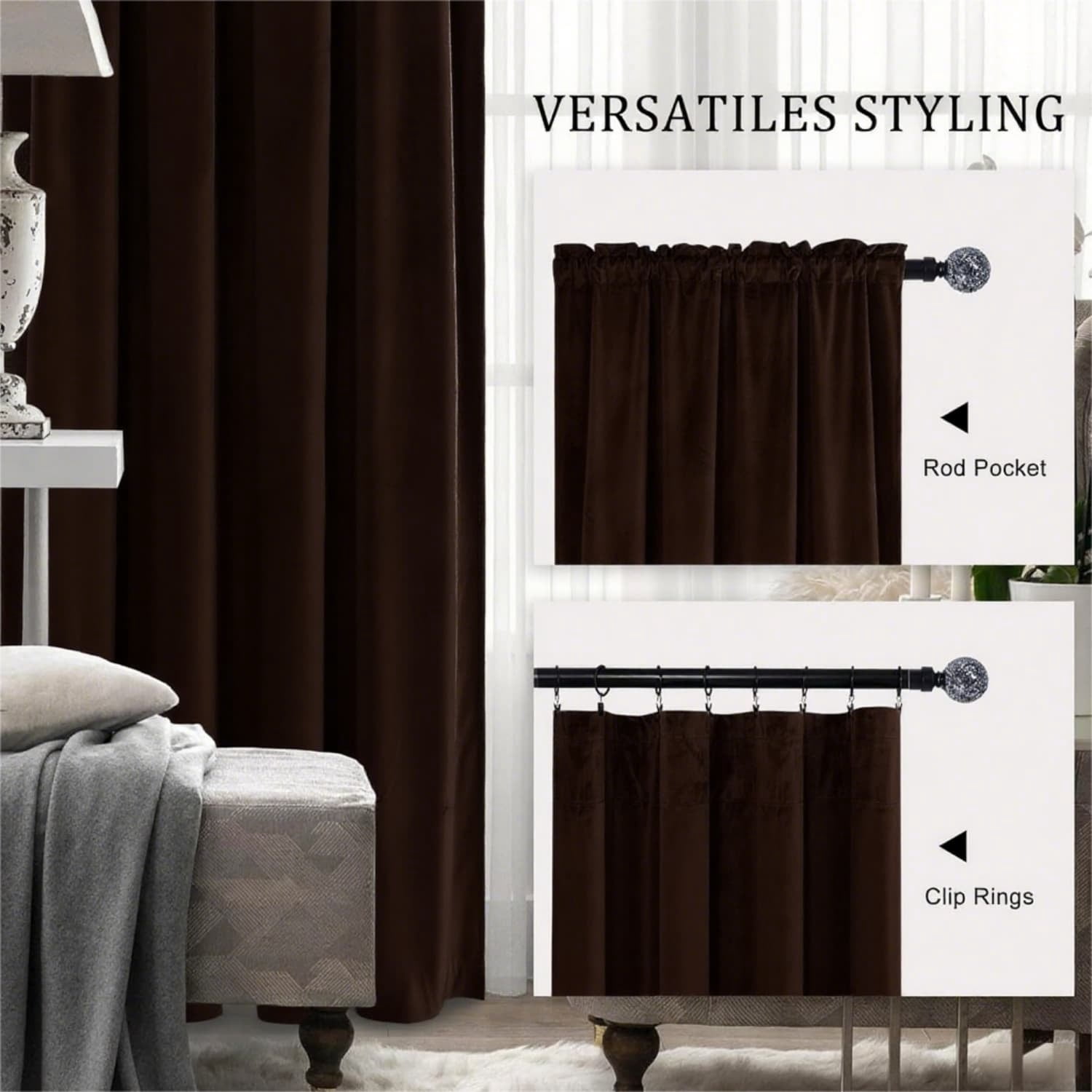 Brown 52 X 63 Velvet Curtains for Bedroom & Living Room, Thermal Insulated Light Filtering Drapes, Noise Reducing Rod Pocket Window Treatments, 2 Panels