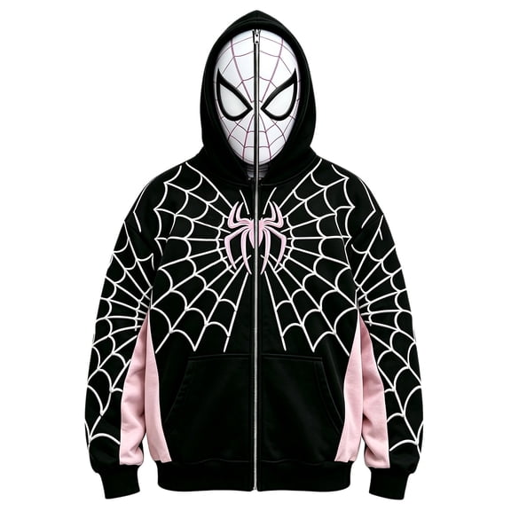 Unisex Spider Superhero Cosplay Hooded Jacket, Graphic Full Mask Long Sleeve Zipper Sweatshirt Costume Outwear for Gift, Pink, 110