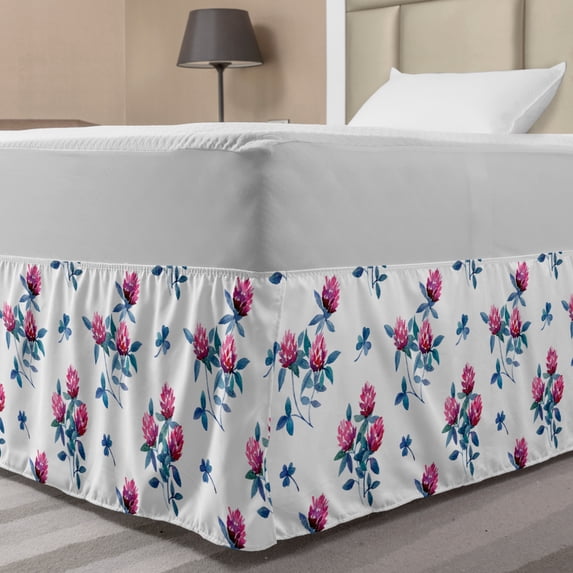 Floral Bed Skirt, Cheery Spring Tones in Watercolor Style of Flowers Print on Plain Background, Elastic Bedskirt Dust Ruffle Wrap Around for Bedding Decor, 4 Sizes, Multicolor, by Ambesonne