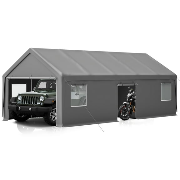 13x26 ft Heavy Duty Carport Canopy with Roll-up Ventilated Windows & Doors, Side Door Portable Garage with Metal Frame, Car Canopy with Waterproof & UV-Resistant for Car, Truck, Boat - Grey