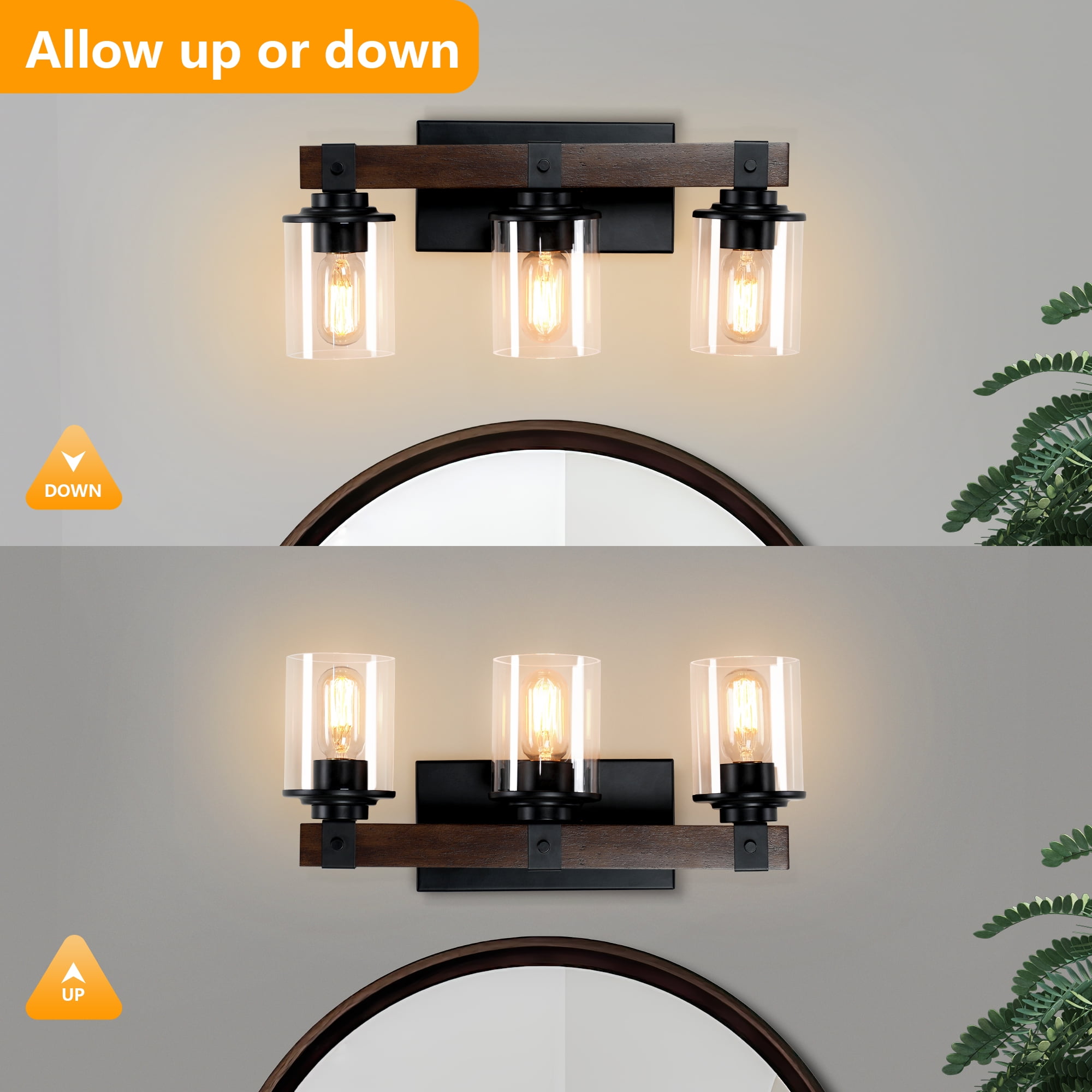GCGAFUL Farmhouse Bathroom Vanity Light, 18.5 Inch 3-Light Black and Walnut Wall Sconce with Clear Glass Shades, Dimmable E26 Base