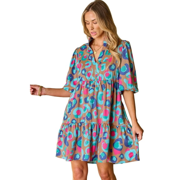 Women's Green Leopard Print Bubble Sleeve Mini Dress with Ruffled Hem