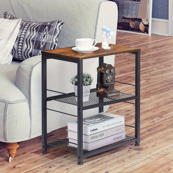 OYEAL Industrial Square End Table, Small Nightstand with Storage Shelf, Narrow Sofa Side Table for Small Spaces, Living Room, Bedroom, Rustic Brown