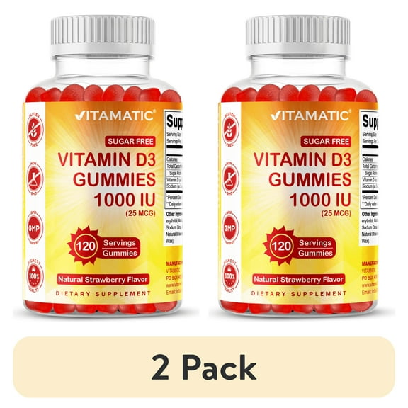 (2 pack) Vitamatic Sugar Free Vitamin D3 1000 IU - 120 Pectin Based Gummies - Great Taste - Healthy Bones, Mood & Immune System Function - Non-GMO - 120 Servings