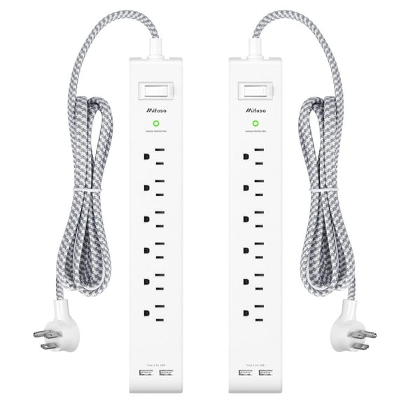 Paquete de 2 regletas de alimentación – Cable de extensión largo, protector contra sobretensiones, protección contra sobrecarga de enchufe plano, soporte de pared para oficina en casa y dormitorio, li