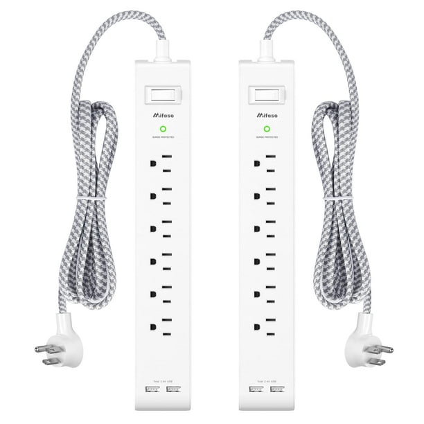 Paquete de 2 regletas de alimentación – Cable de extensión largo, protector contra sobretensiones, protección contra sobrecarga de enchufe plano, soporte de pared para oficina en casa y dormitorio, li