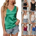 thumbnail image 2 of Women Summer Casual Loose Fit Sleeveless Tank Top Sexy Double V-Neck Basic Solid Color Satin Camisole Blouses Shirts Green, 2 of 3