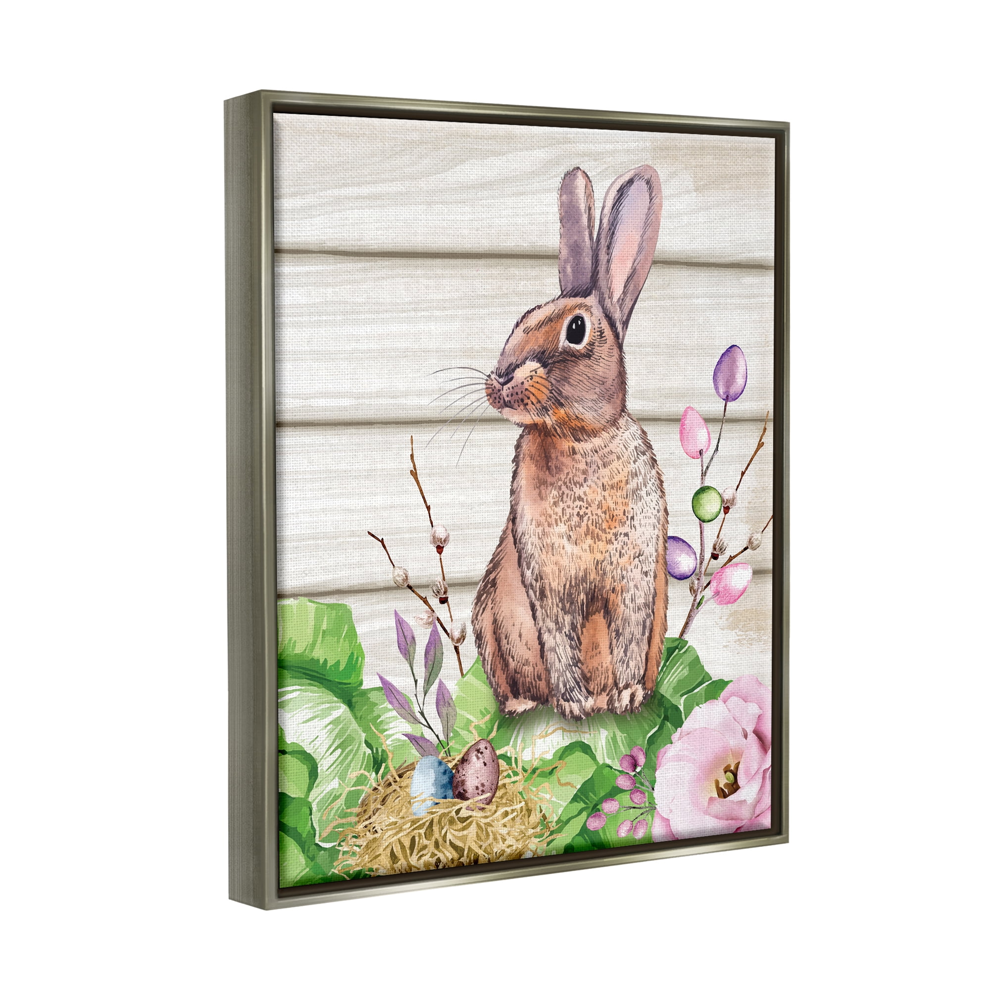 Stupell Spring Flower Garden Country Rabbit Holiday Painting Gray Floater Framed Art Print Wall Art