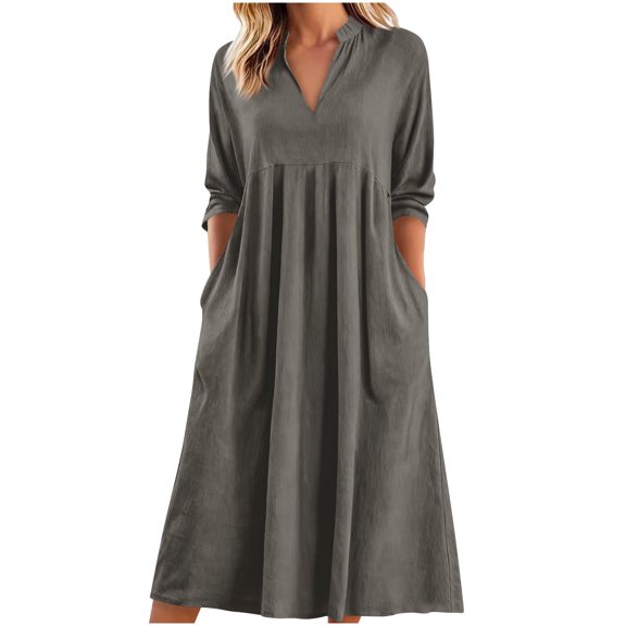 Women's Casual Linen Dress V-Neck Quarter Sleeve Side Pockets Loose Fit Maxi Lightweight for Spring Summer Fall Daily Beach Picnic Office Outings Gray M
