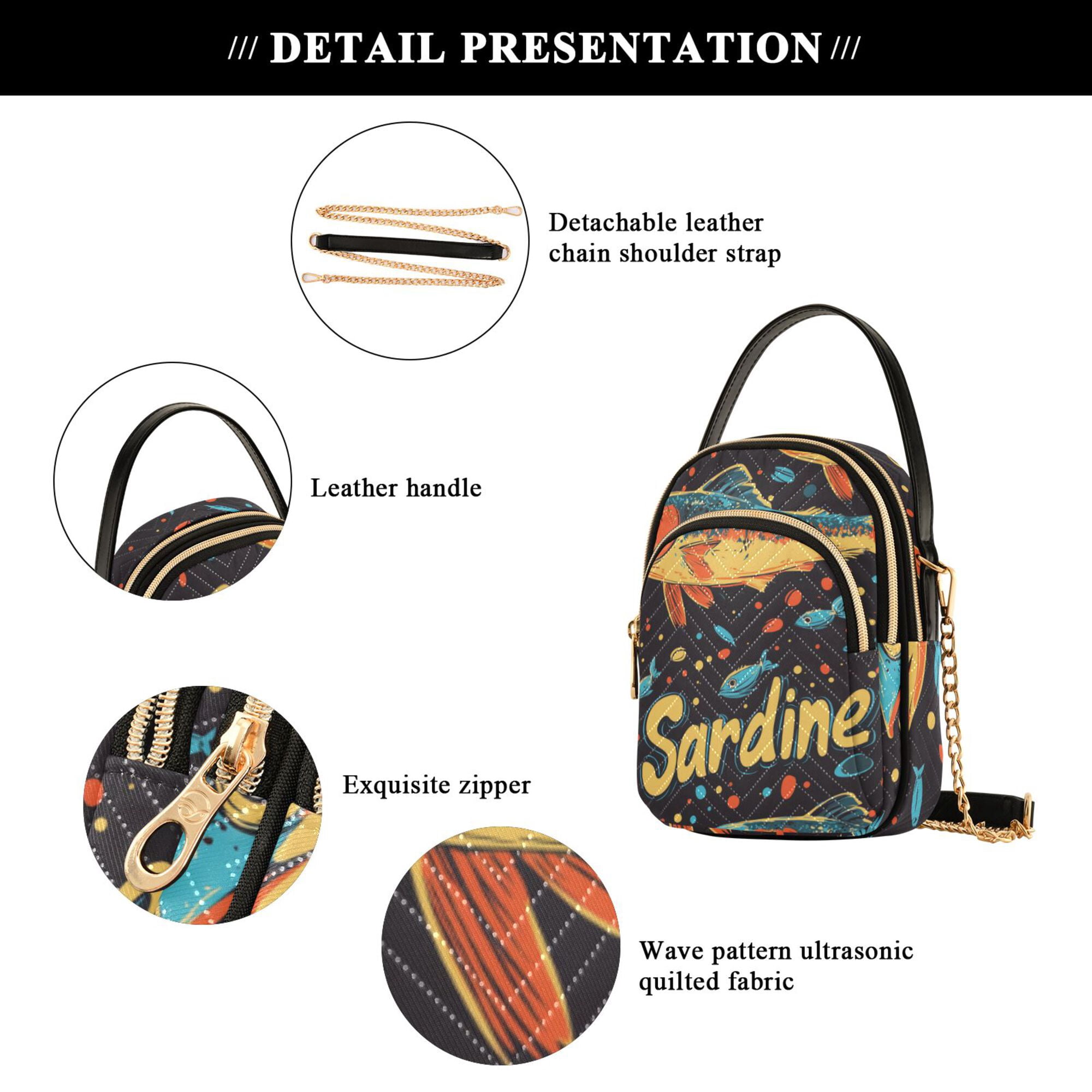 FORMRS Crossbody Bag for Women Quilted Travel Shoulder Cell Phone Purse with Chain Strap Handbag, Black Sardines Pattern