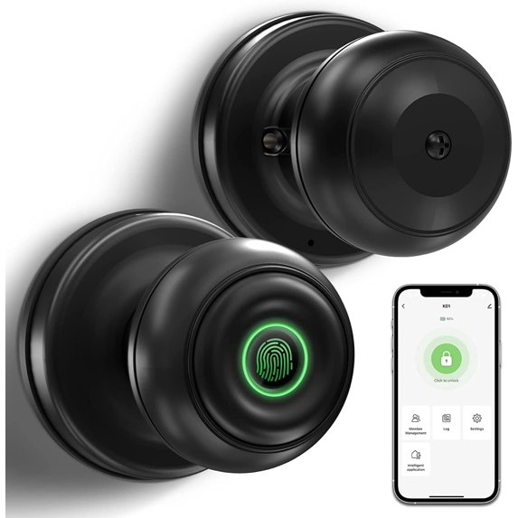 GeekTale Smart Fingerprint Door Lock Fingerprint Doorknob Entry Door Lock, Fingerprint Unlocking, Mobile App Unlocking, Key Unlocking for Home Hotel Office Apartment Bedroom Black