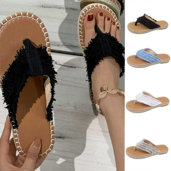 Jacenvly 2024 New Women's Large Flat Flat Solid Color Line Beach Sandals Black Sandals for Women
