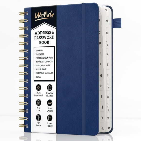 Agenda de Direcciones en Cuero Azul con Pestañas Alfabéticas en Espiral WEMATE