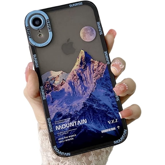 Compatible for iPhone XR Sunset Snow Mountain Cute Case with Camera Protective Soft TPU Shockproof Moon Case for iPhone XR 6.1 inch Women Girls Light Blue