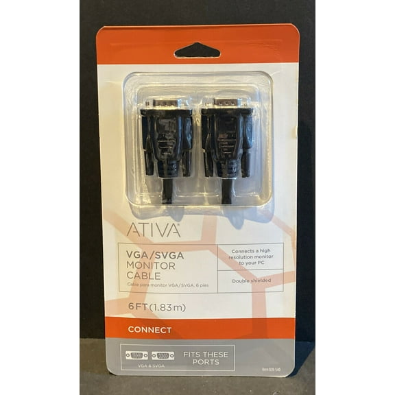 ~NEW~ATIVA VGA/SVGA Monitor Cable 6ft HDB15 MALE Plugs High Resolution