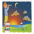 thumbnail image 3 of Adventure Shower Curtain, Colorful Cartoon Pattern of a Boy Standing Looking to the Sky from a Telescope, Fabric Bathroom Set with Hooks, 69W X 75L Inches Long, Multicolor, by Ambesonne, 3 of 3