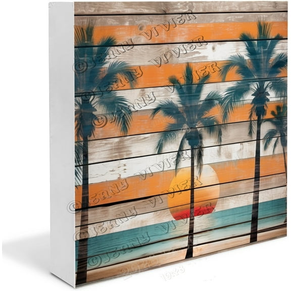 Beach Palm Sunset Coastal Decor, Summer Beach Decorations for Home, Beach Decor, Beach Theme House Coastal Decor Wood Box Sign Block for Bedroom Shelf Tabletop Decor 5"x5"