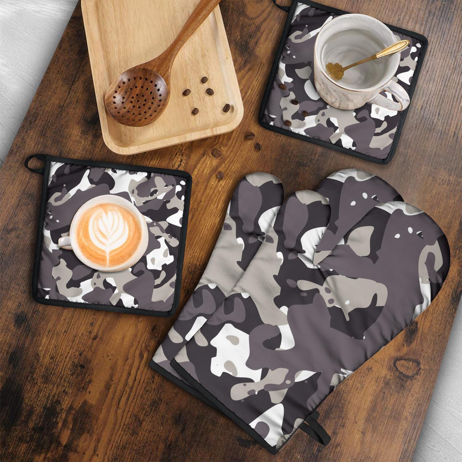 Camouflage Oven Mitts and Pot Holders Set Of 4, Heat Resistant Kitchen Gloves with Non-Slip Grip, Hanging Loop, Soft Cotton Lining for Baking, Cooking, Grilling, Barbecue