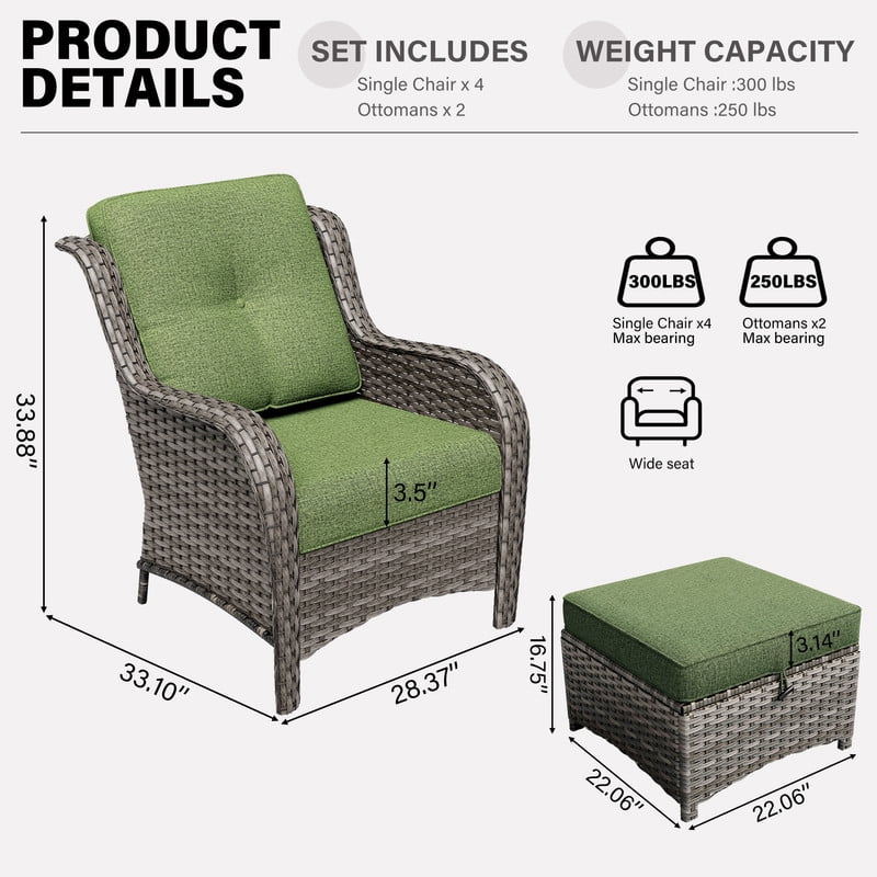Meetleisure 6 Piece Wicker Patio Furniture Set, Rattan Chairs with Ottomans, High Back, Deep Seating, Wide Armrest, Thick Cushions for Deck Porch, Green