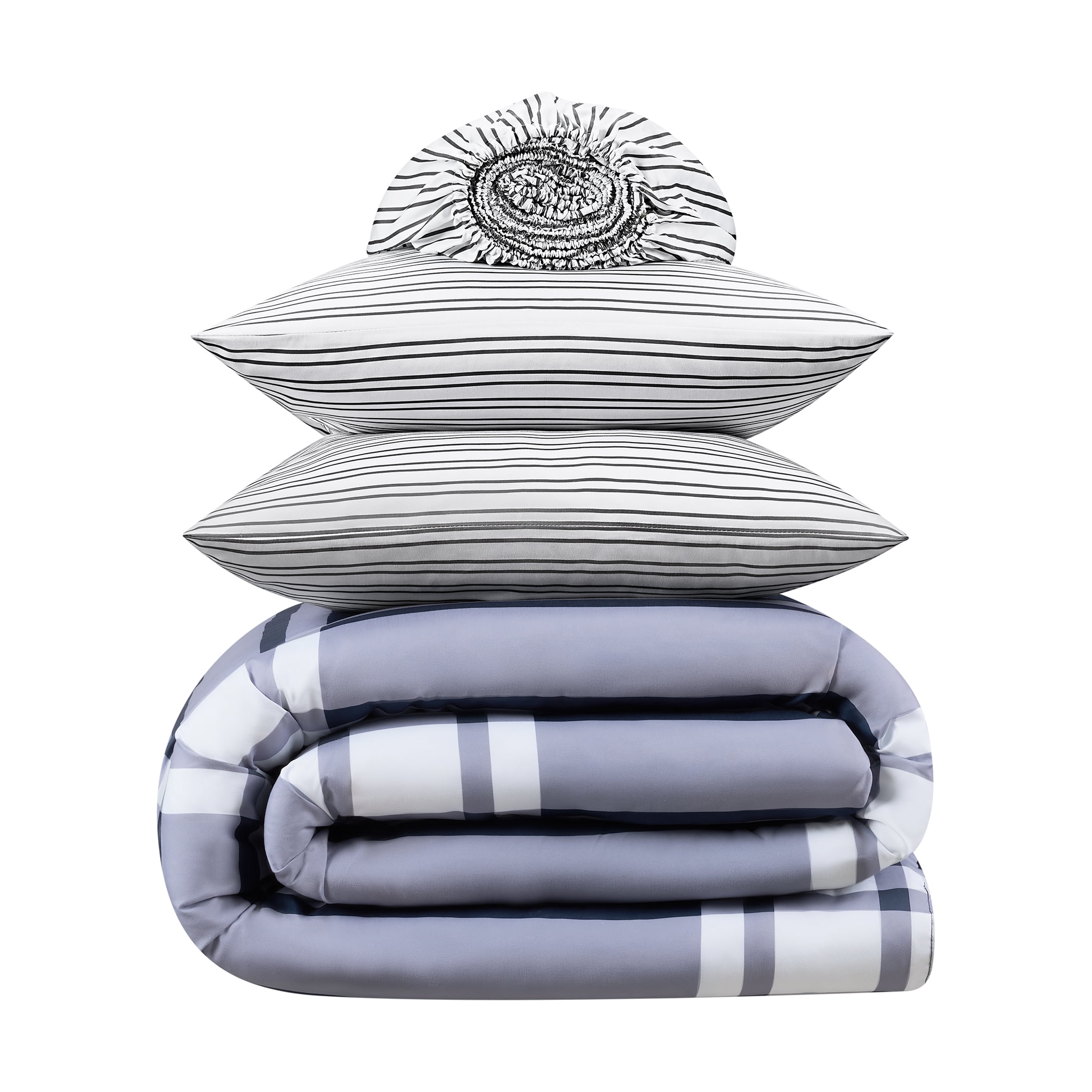 Serta Simply Clean Jax Navy Plaid 7-Piece Complete Bedding Set, King