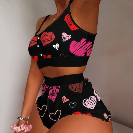 

women printing pajamas sleeveless cami shorts lingerie sleepwear set