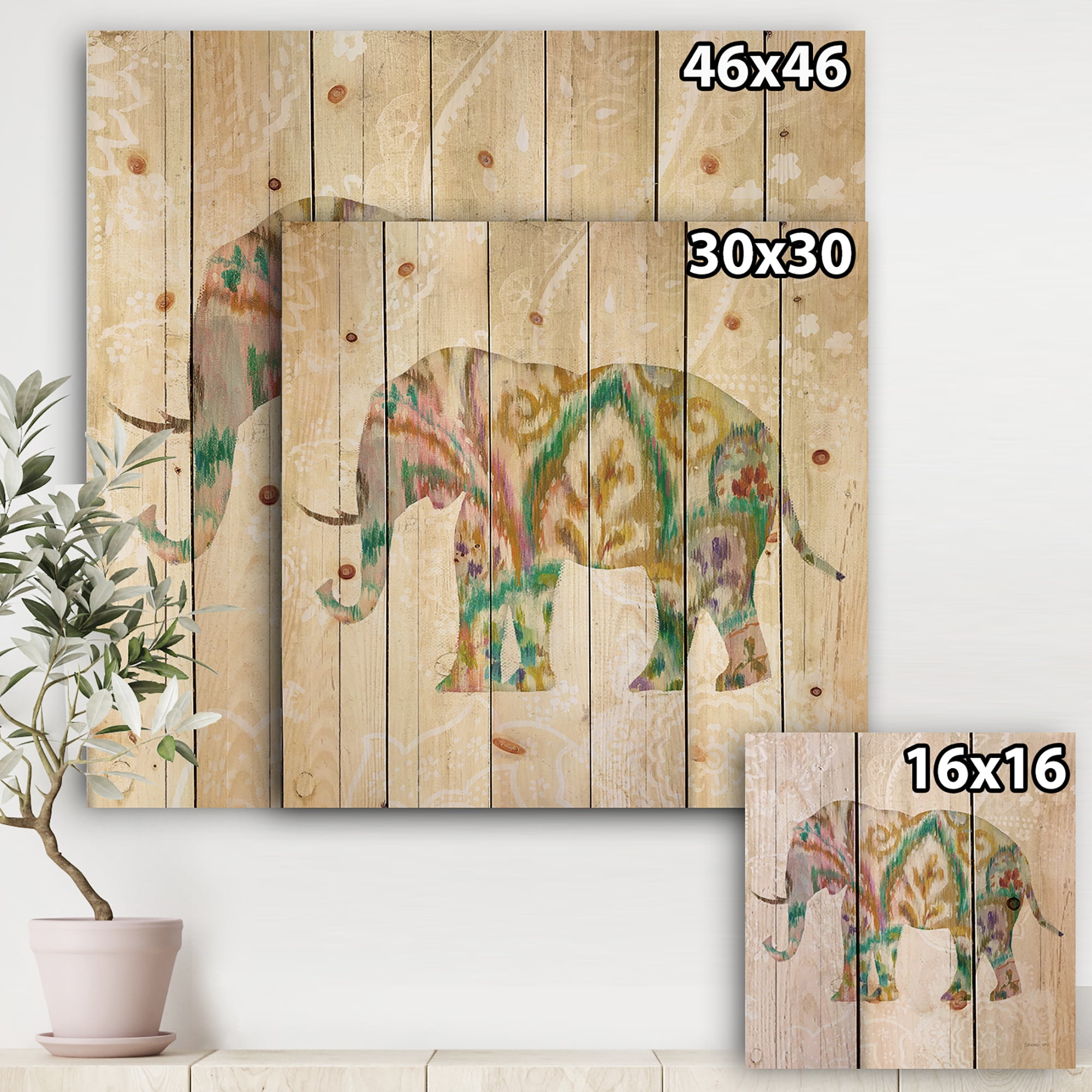 Designart 'Boho Paisley Elephant II vII' Bohemian & Eclectic Print on Natural Pine Wood