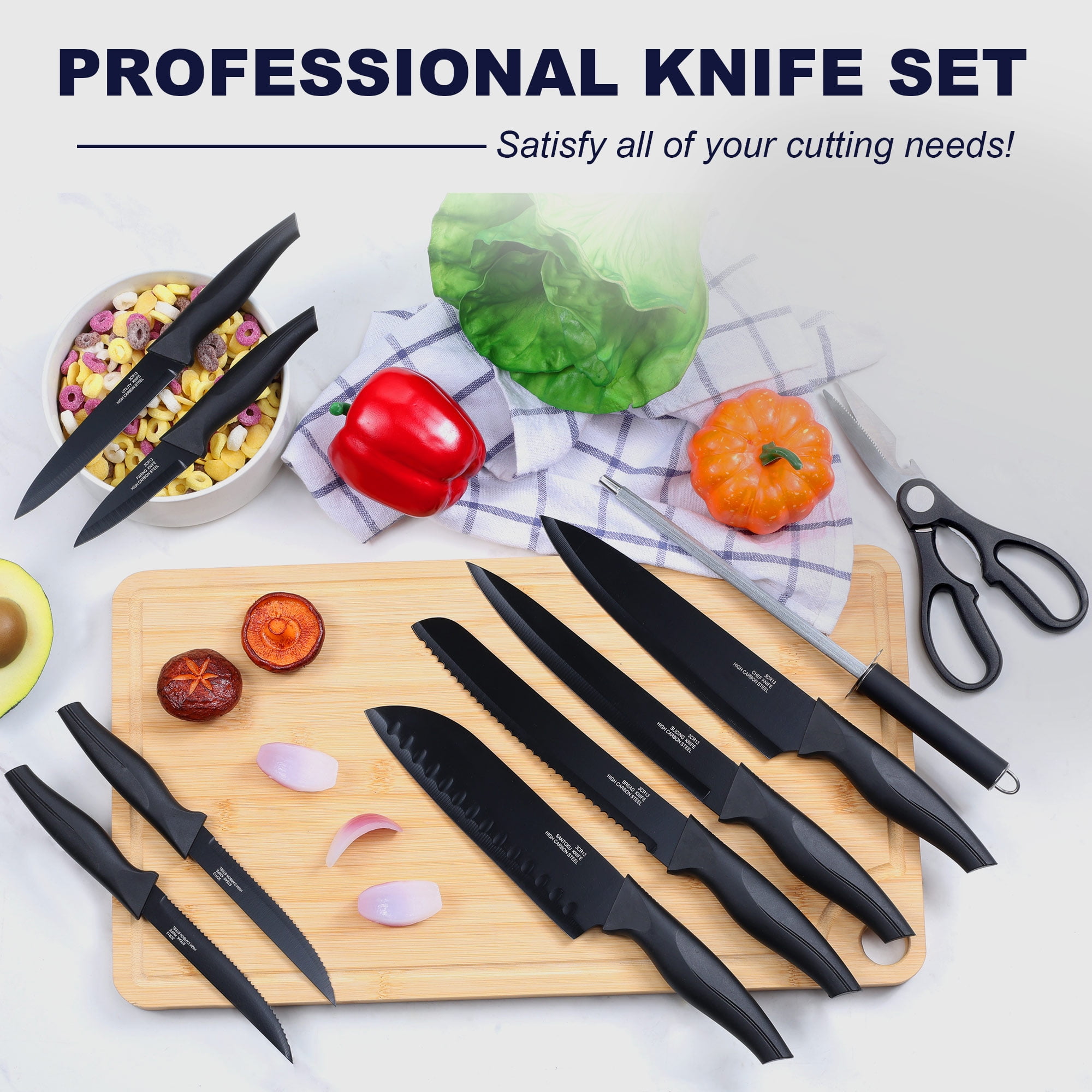 Vesteel Knife Set for Kitchen with Block, 15 Pcs High Carbon Stainless Steel Kitchen Knife Set with Self Sharpening - Black
