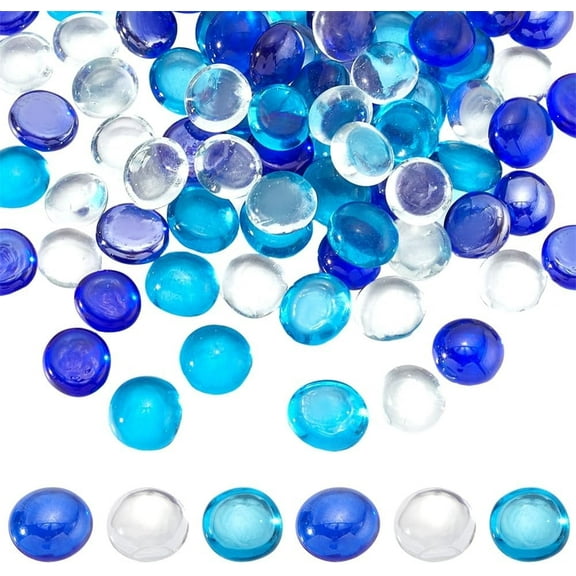NOGIS Blue Mix Glass Gemstone Beads Vase Fillers (0.66 LB) Flat Marble Beads Multiple Color Choices Aquarium Decor Rocks Floral Stones Decorative Mosaic Gem Pebbles