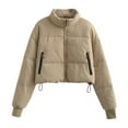 thumbnail image 2 of Jinhomg Casual Puffer Coat for Women Trendy Solid Zip-Up Cropped Jacket Fall Winter Lightweight Comfort Long Sleeve Mock Neck Outerwear With Zipper Pockets Clearance Items for Women Khaki M, 2 of 4