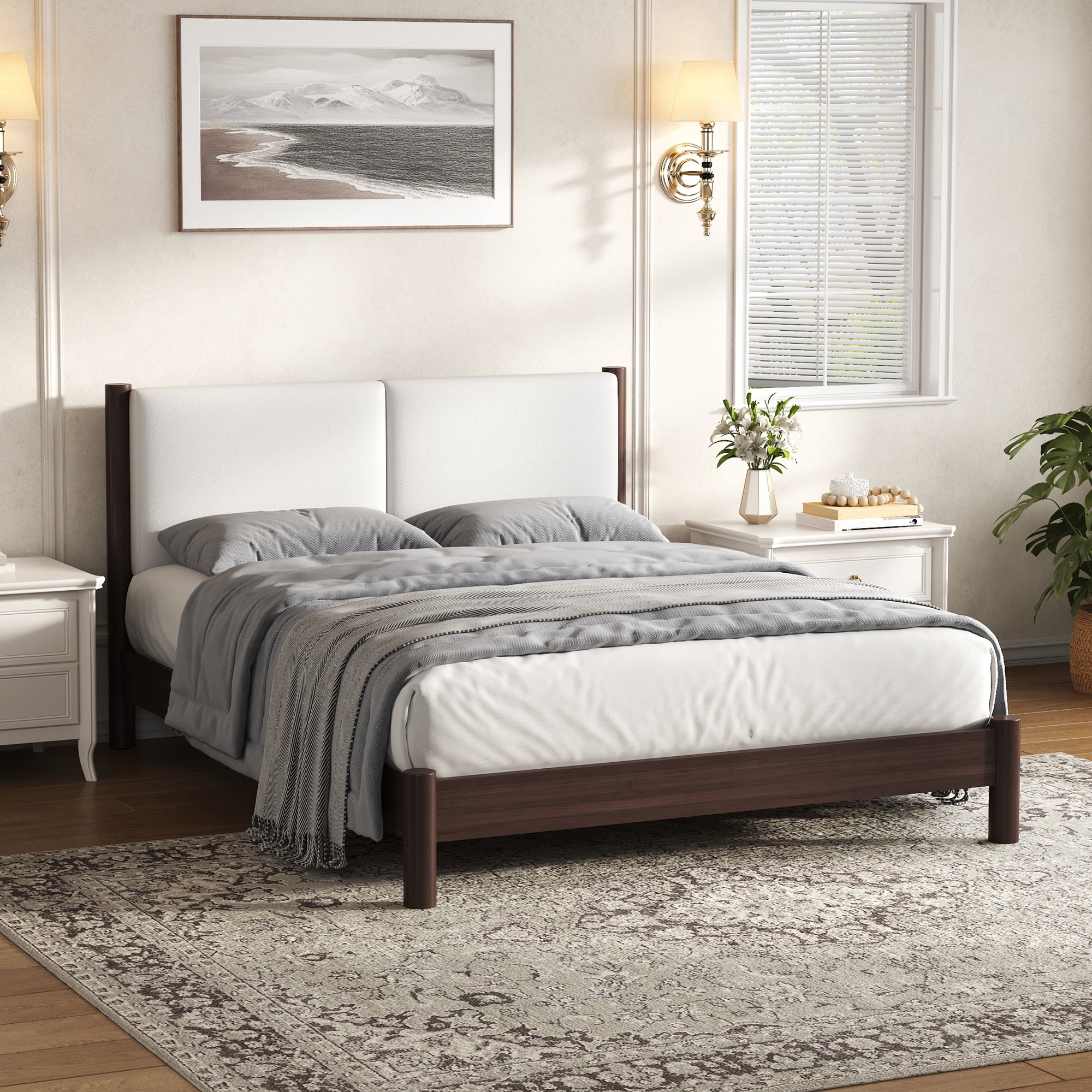Euroco Wood Queen Size Platform Bed with PU Leather Headboard, No Box Spring Needed, Espresso