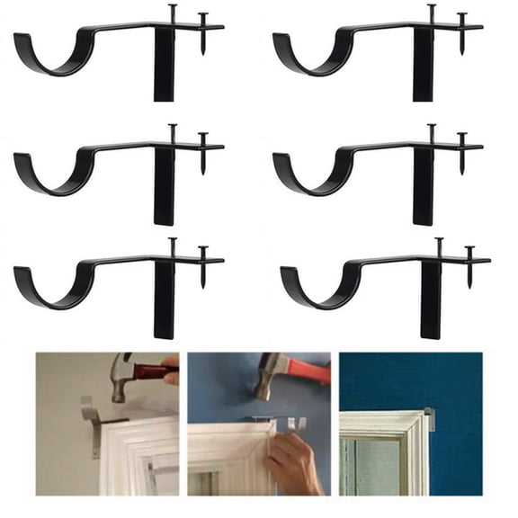 6Pcs No Drill Curtain Rod Brackets,Zinc Alloy Curtain Rod Holder with Screw for Walls(Black)