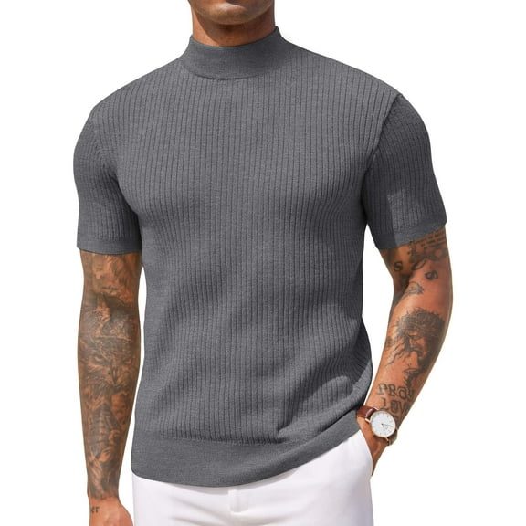 COOFANDY Men's Short Sleeve Mock Turtleneck Sweater - Ribbed Knit Solid Casual Basic Pullover Tee