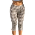 thumbnail image 4 of Womens Gingham Check Capri Leggings Low Rise Slim Fit Yoga Capris Scalloped Waist Casual Cropped Pants with Side Slit Hem Khaki L, 4 of 8