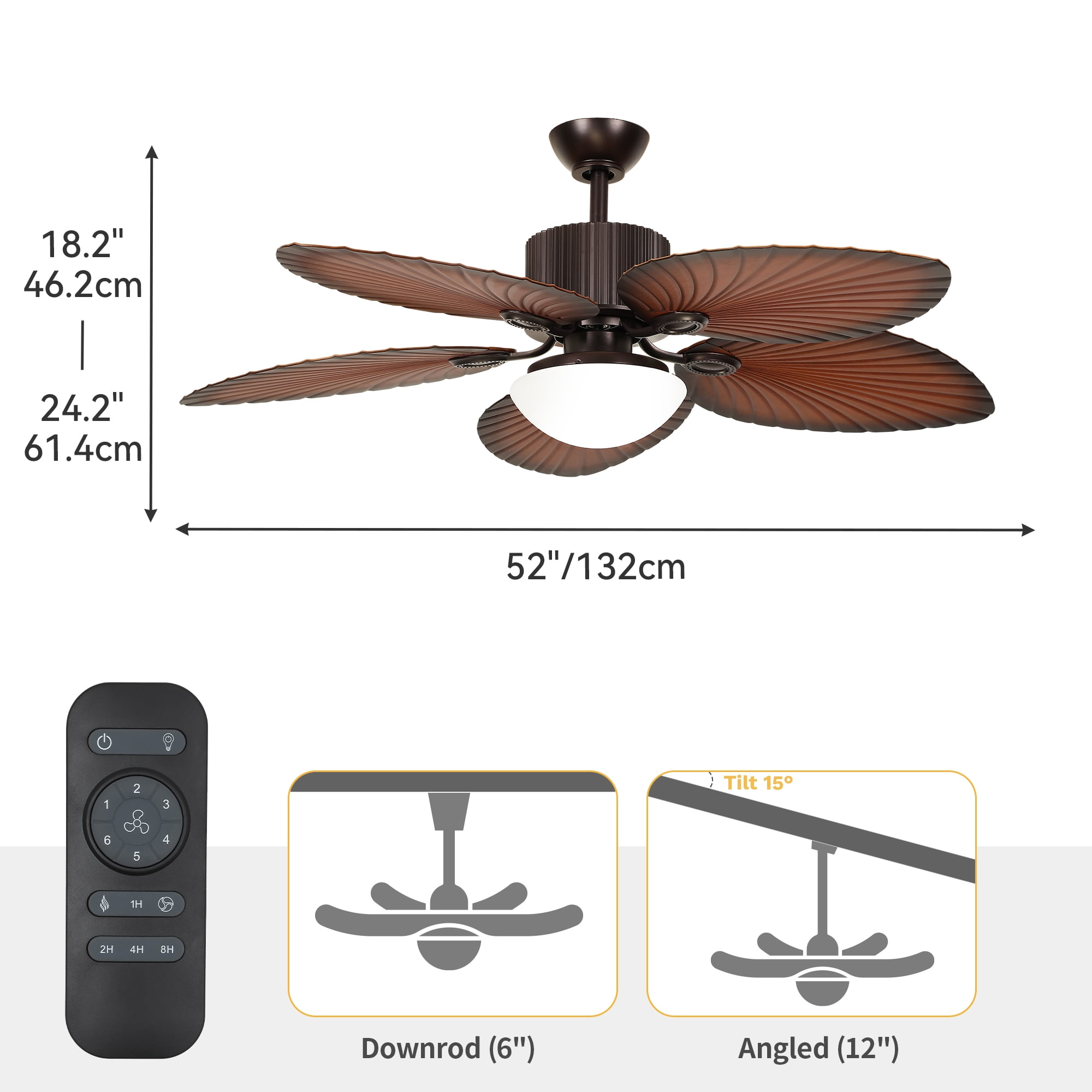 Uforic 52" Espresso 5-Blade Ceiling Fan with LED, remote control, 6-speed quiet DC motor, reversible, Walnut