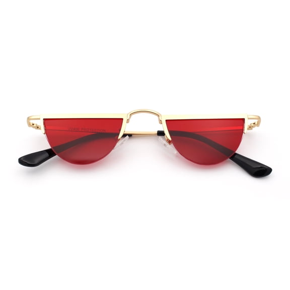 Funky Cropped Half Circle Flat Top Half Metal Rim Hippie Sunglasses Gold - Red