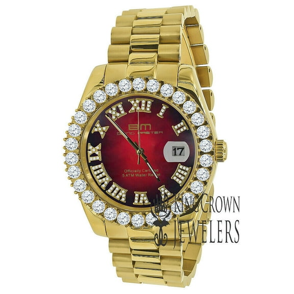 Mens Ruby Red Dial Solid Stainless Steel 18k Yellow Gold Tone Diamond Watch 42mm