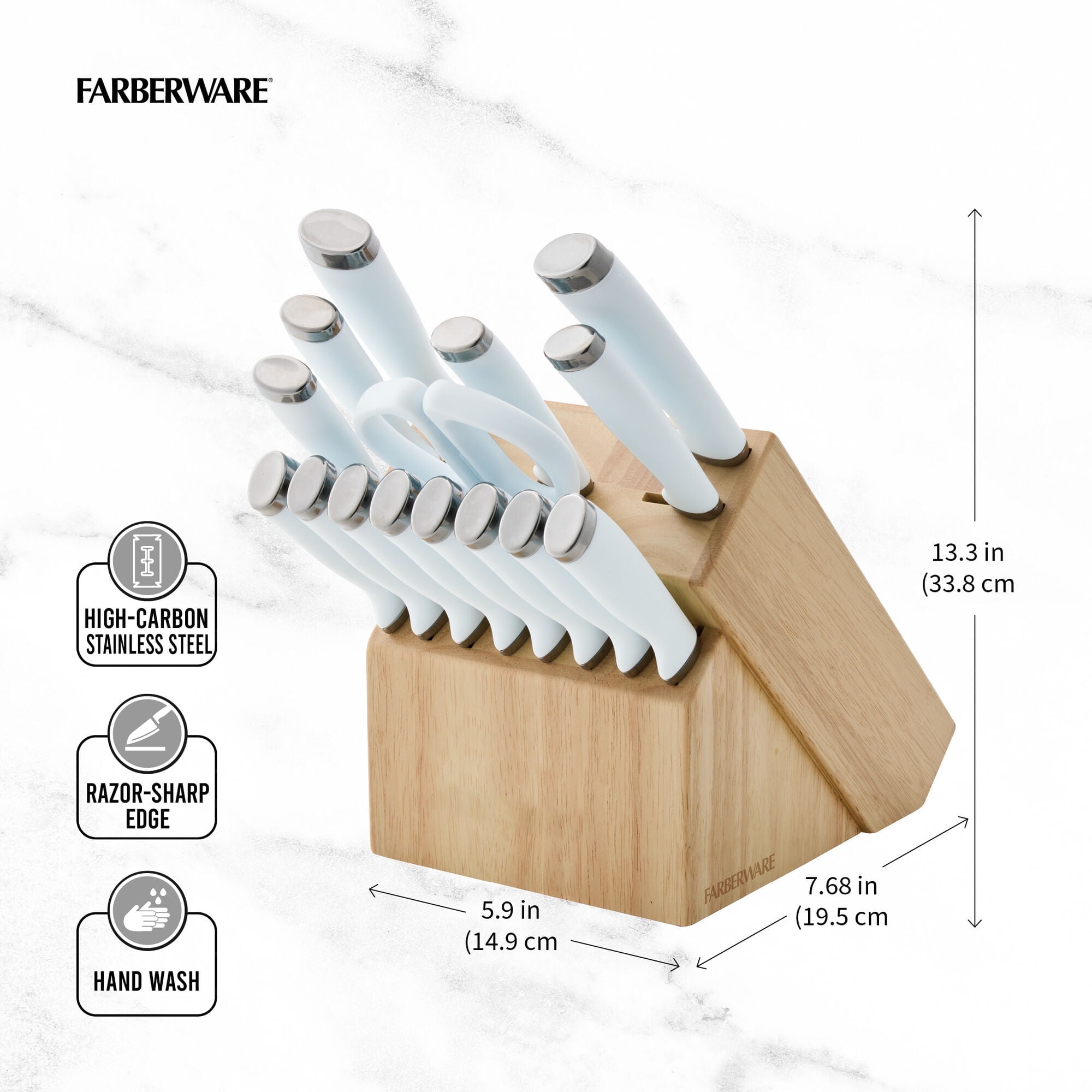 Farberware Classic 16-Piece Natural Knife Block Set with Kitchen Shears, Ice Blue