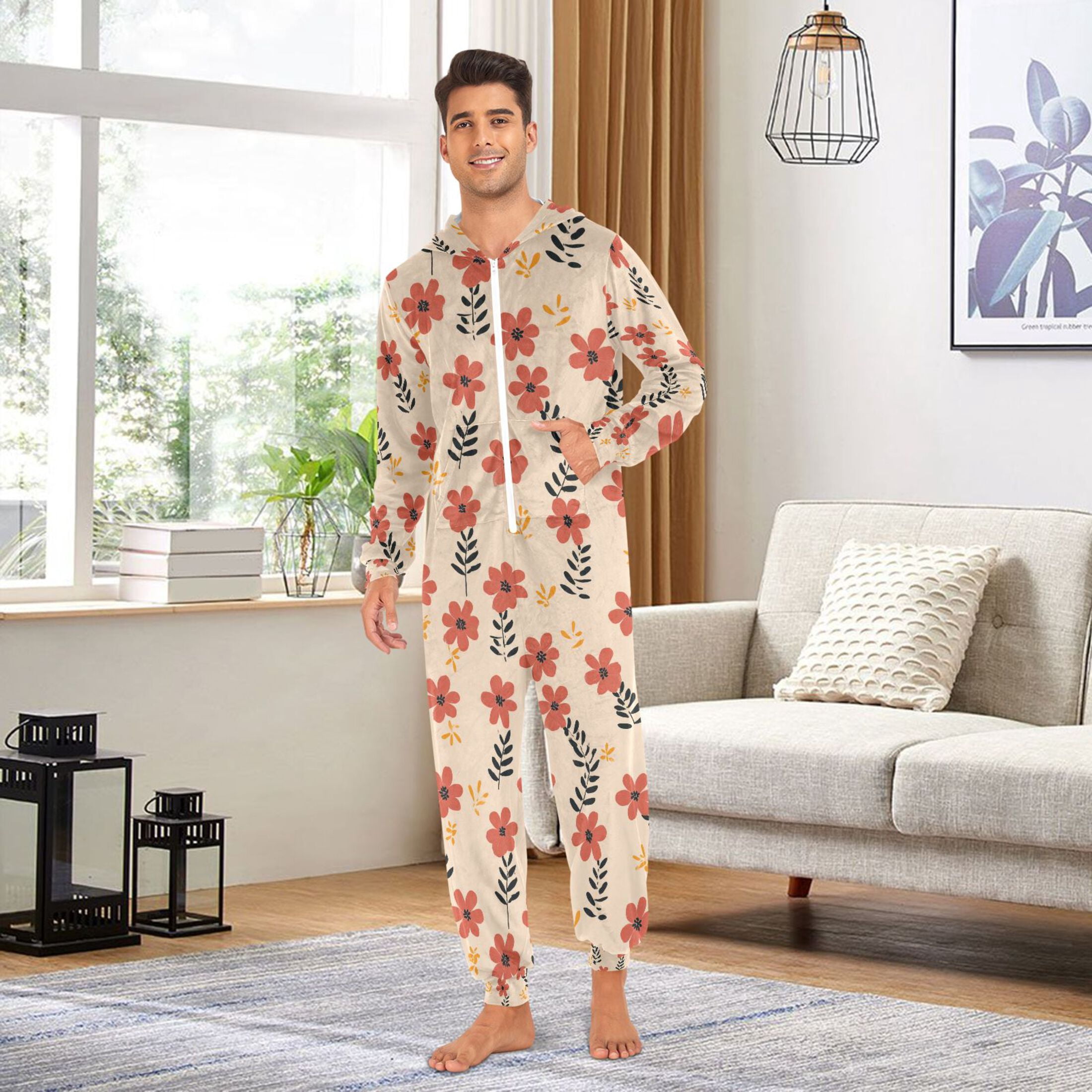 Adult Christmas Onesie Flowers Simple Adult Zipper One-Piece Pajamas Unisex Pajamas with Pockets