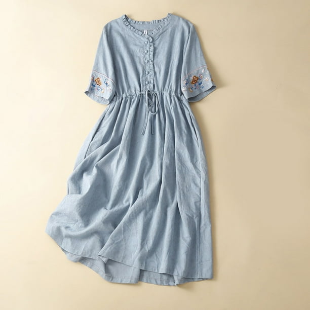 Puntoco Lino Algodón Verano Largo Hasta La Rodilla Falda Larga De Lino Vestido Suelto Con Cordones Bordado Artístico Vestido De Manga Corta Con Cuello Redondo Azul Xl,Regalos Para Mujer Joven