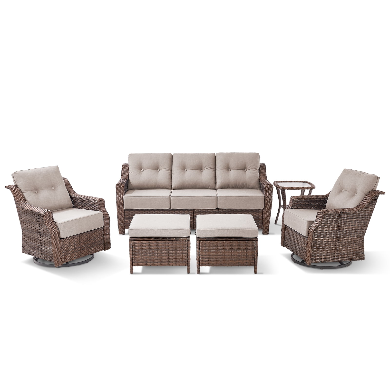 POCASSY 6PCS Outdoor Furniture Set with 6" Thick Cushion, Outdoor Sofa Couch Set with Swivel Chairs and Ottoman, Brown Wicker Patio Furniture Set for Porch Balcony in Beige Olefin Cushion