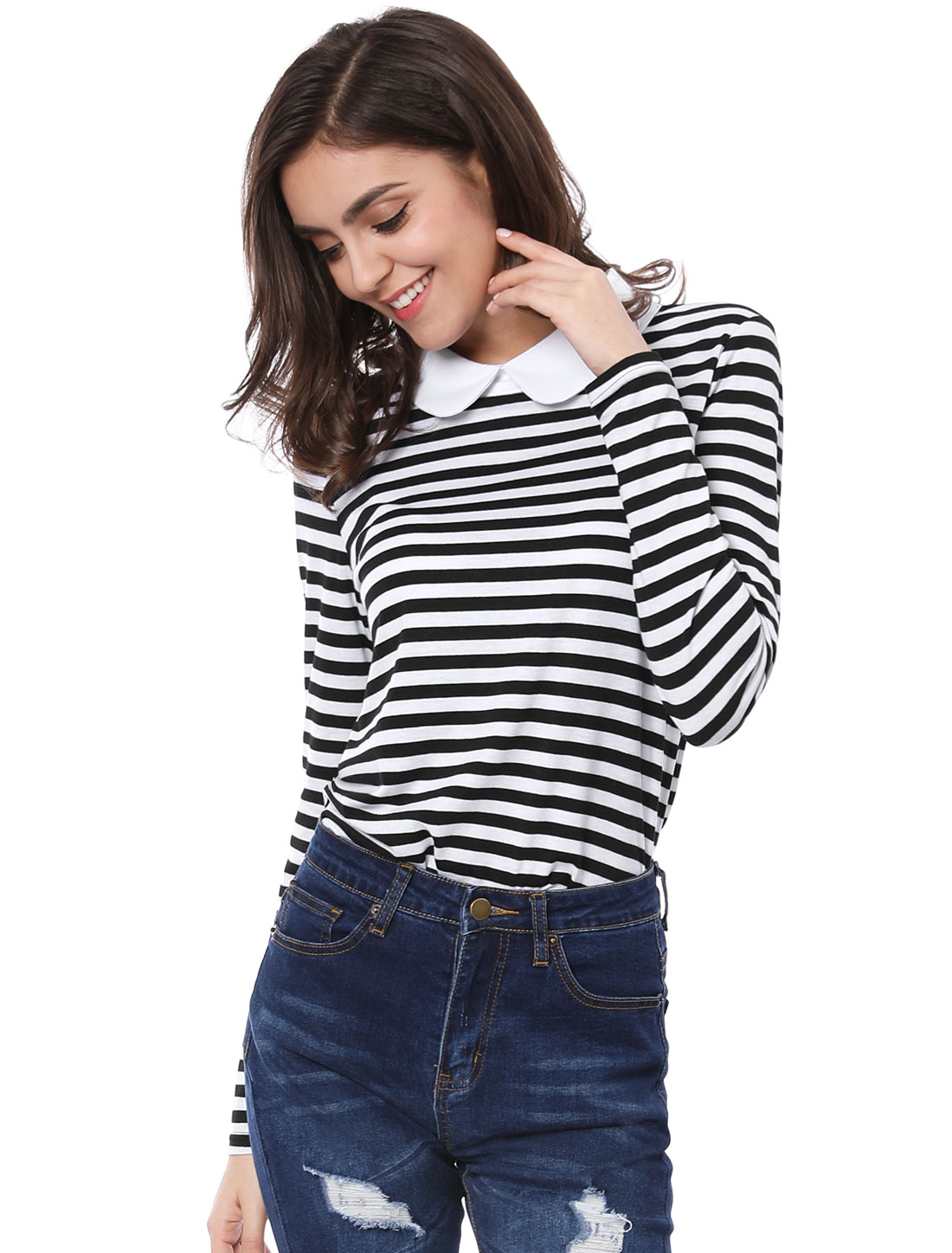DARING DIVA Peter Pan Collar Striped Top S Black