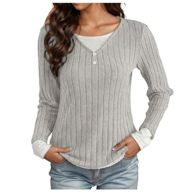 HAiming Plus Size Sweater for Women Fake 2 Piece Casual Button V Neck Long Sleeve Solid Color Pullover Tops