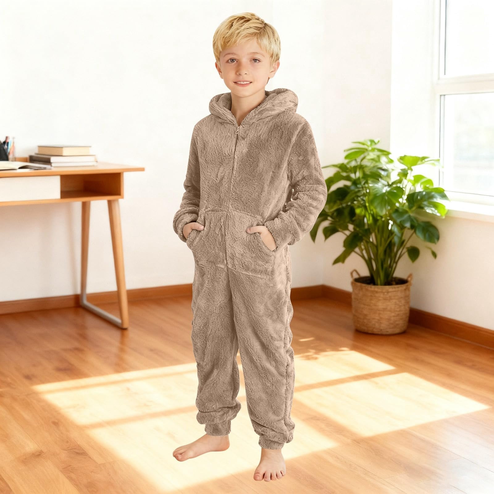 Abcomgle Onesie Pajamas Girls 10/12 Fuzzy Hooded Kids Onesie Cute Zip Up One Piece Jumpsuits with Pockets Furry Sherpa Fleece Onesie Rompers Girls Winter Warm Onesie Pajamas for Boys
