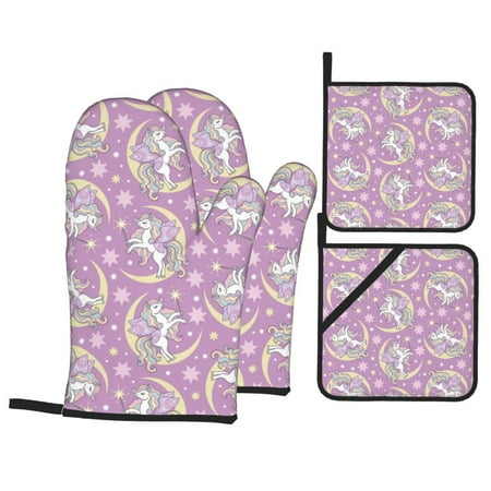 

Oven Mitts and Pot Holders Sets 4 pcs - Cute magic horse Heat Resistant Silicone Oven Gloves with Non-Slip Silicone Surface and hot pads for kitchen Baking Cooking BBQ