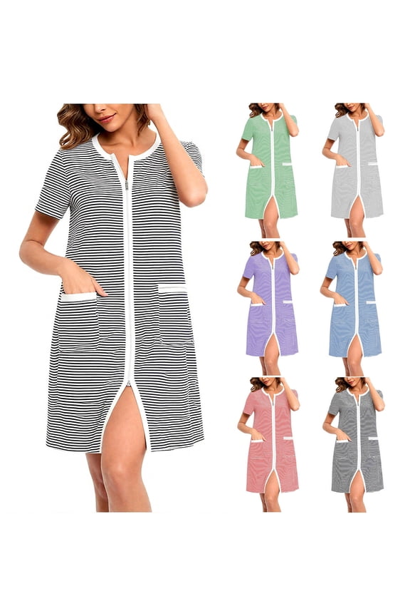Womens Zipper Robes Knee Length Casual Striped Nightgowns Short Sleeve Split Hem Sleepwear Robe Comfy Loose Housecoat with Pockets Black L