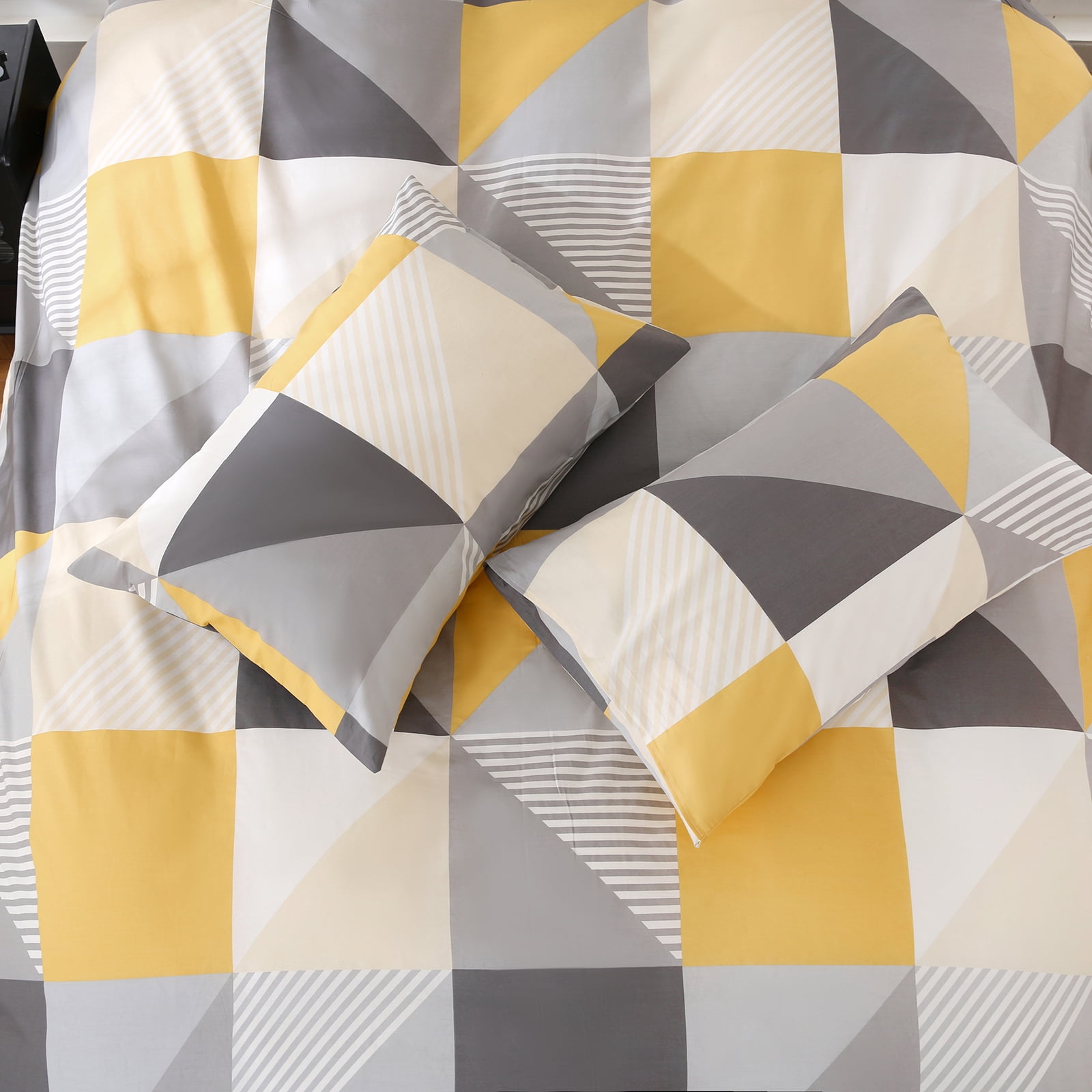 Move Over Yellow and Gray Duvet Cover Set King 100% Cotton Geometric Duvet Cover Set Soft and Breathable Yellow Gray Neatural Style Geometric Plaid Bedding Set with Zipper Closure and Corner Ties